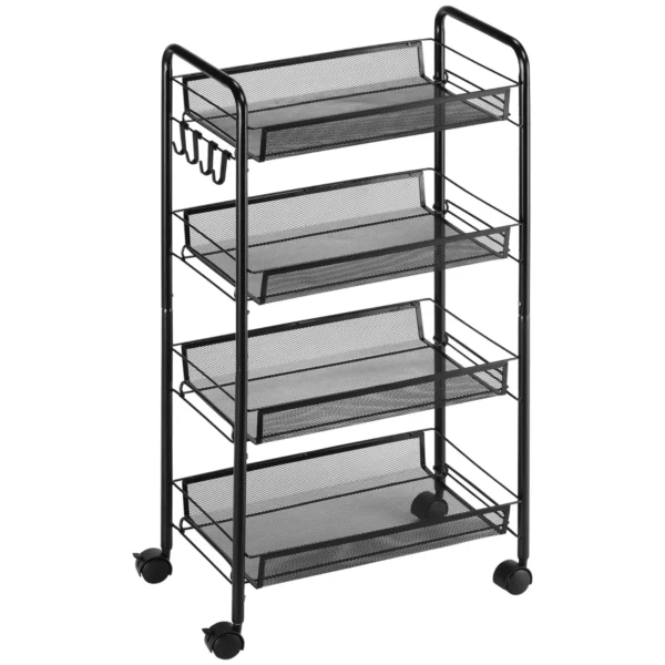 Tier Removable Kitchen Cart with 4 Hooks and Wheels, Steel and PP Plastic, 45x26. 5x84 cm, Black