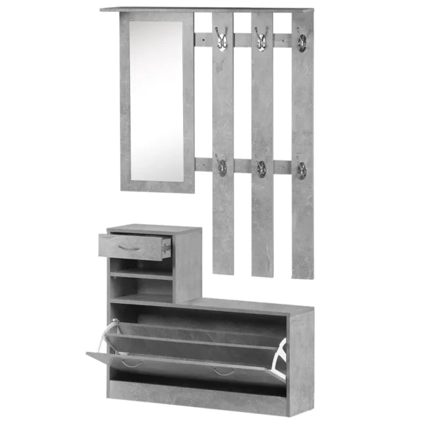 TWENTY | Modern Hallway Furniture Set with Shoe Rack and Mirror, Hallway Coat Rack with 6 Hooks, 2 Adjustable Shelves and Wooden Drawers for Hallway, 90x24x177 cm, Cement Grey