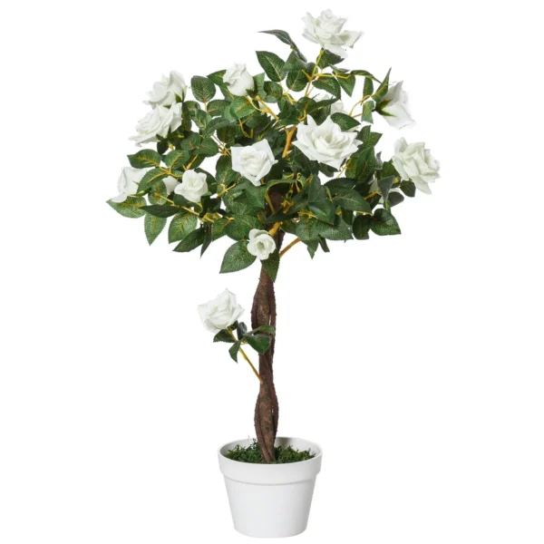 Rose Artificial Plant Tree with 21 Flowers and Pot, Fake Plant for Indoor and Outdoor 90cm High, White and Green