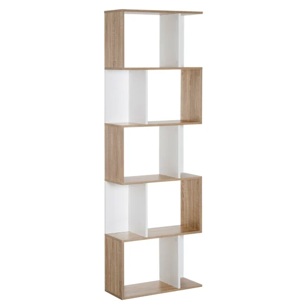 Bookshelf, Space-Saving S-Shaped Wooden Bookcase, for Living Room, Bedroom and Office, 60x24x184.5 cm, Wood and White Color