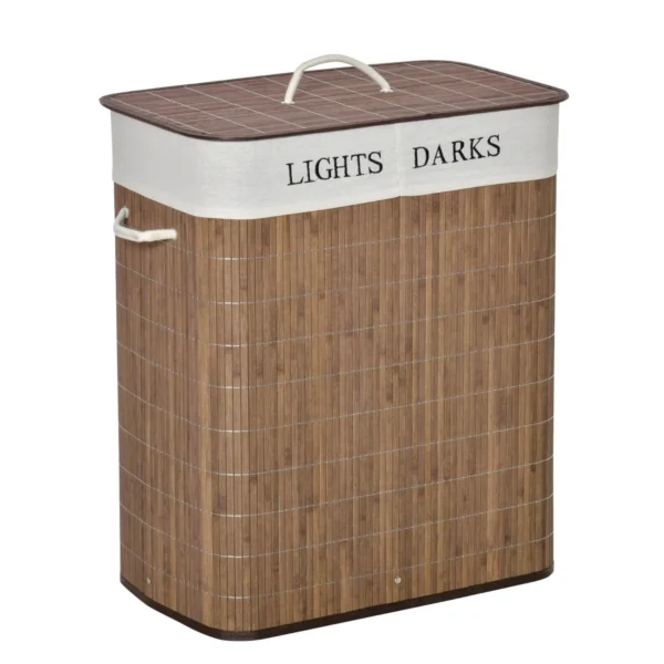 Bamboo basket 100l with 2 compartments, lid and handles, 52x32x63cm - brown