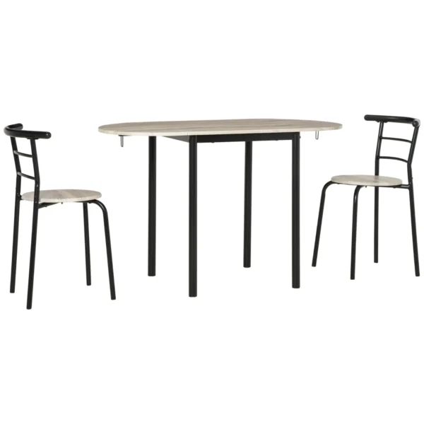 Set Dining 3 pieces with 2 chairs and 1 oval dining table in MDF and steel for limited spaces, wood color