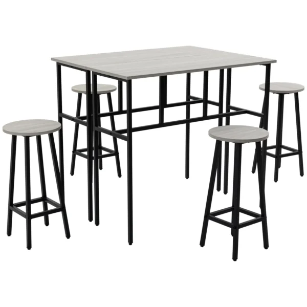 Sets from bar 6 pieces with 4 bar stools and 2 high tables in chipped wood and steel for kitchen and living room, Grey