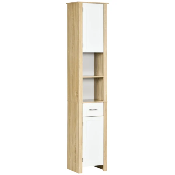 Tall Bathroom Cabinet in Chipboard with a Drawer, 2 Cabinets and 2 Adjustable Open Shelves, 37x30x184 cm