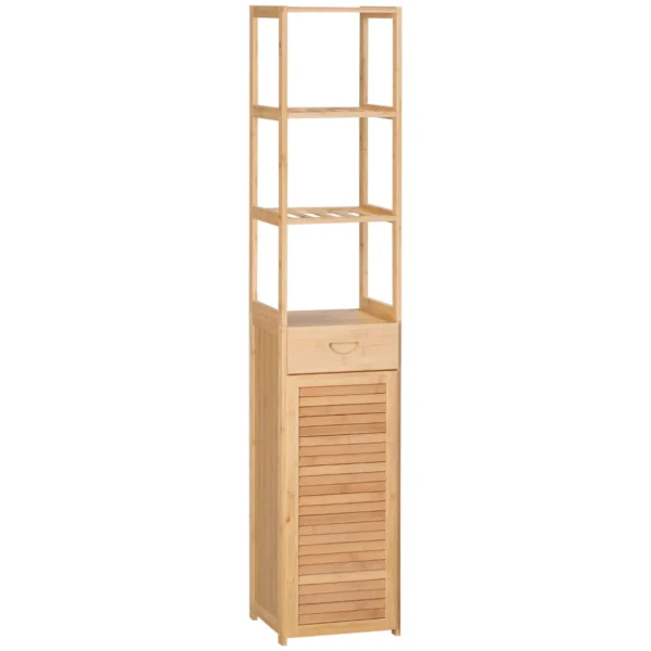 Tall Bamboo Bathroom Cabinet with 3 Open Shelves, a Drawer and a Cabinet, 32x30x163 cm, Wood color