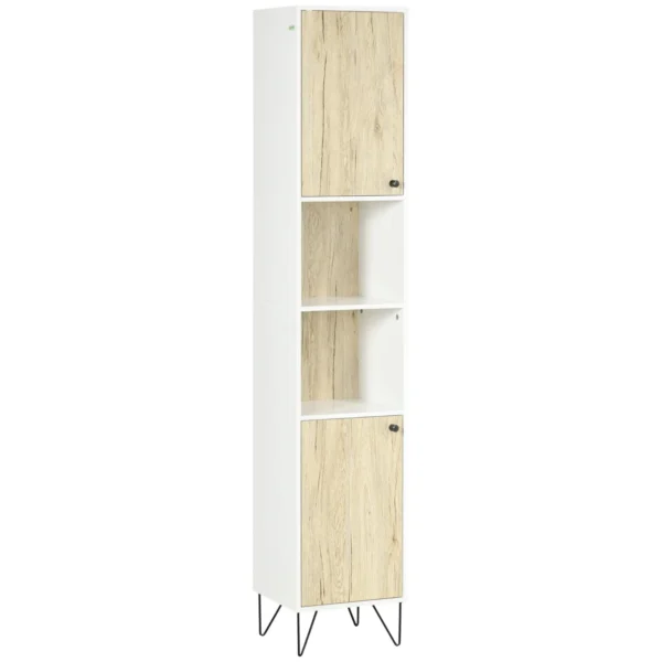 Bathroom Column with 2 Open Shelves and 2 Chipboard Cabinets, 31.5x30x169 cm, White and Wood Color
