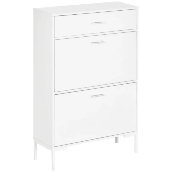 Modern Shoe Cabinet for 12 Pairs of Shoes with 2 Drop-Door and Drawer, 76x26x110 cm, White