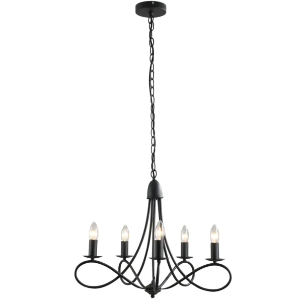 Ceiling chandelier in black braided steel with 5 candles