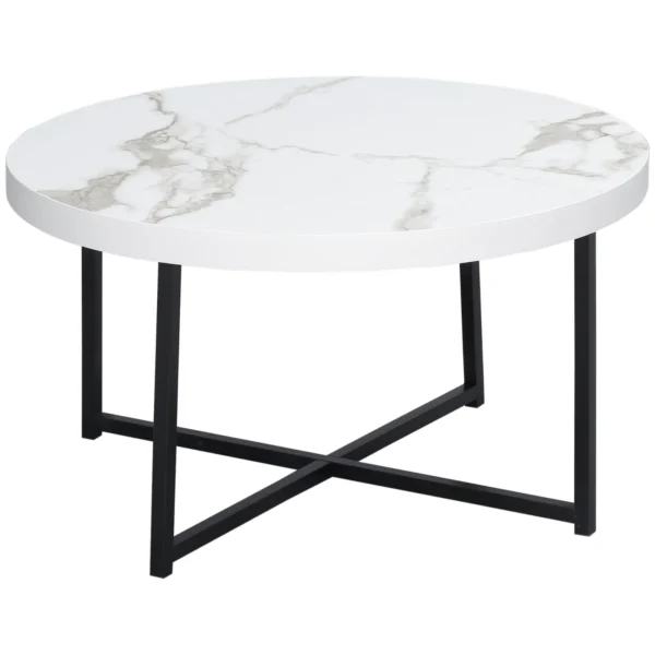 Round Coffee Table with Marble Effect MDF Top and Metal Legs, Φ80x45 cm, White