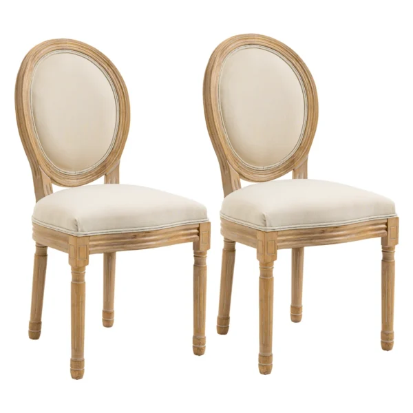 Set of 2 Padded Dining Chairs, Vintage Retro Style Living Room Chairs in Wood and Linen Effect Fabric Cream White 49x56x96cm