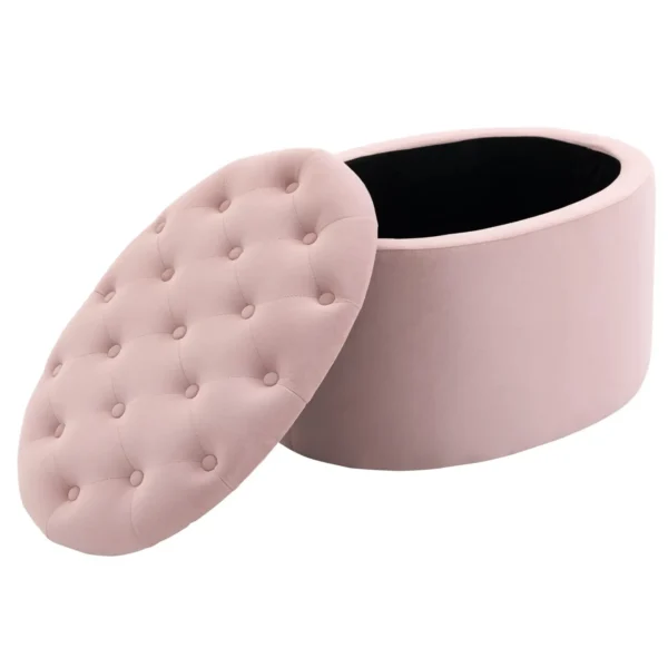 Oval Storage Ottoman Padded and Quilted Velvet, 71x52x42cm, Pink