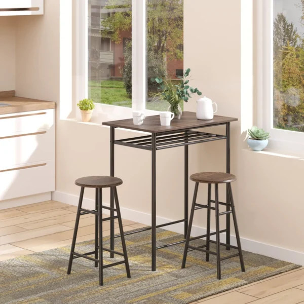 Tall table with 2 stools for kitchen bar, footrests and shelf