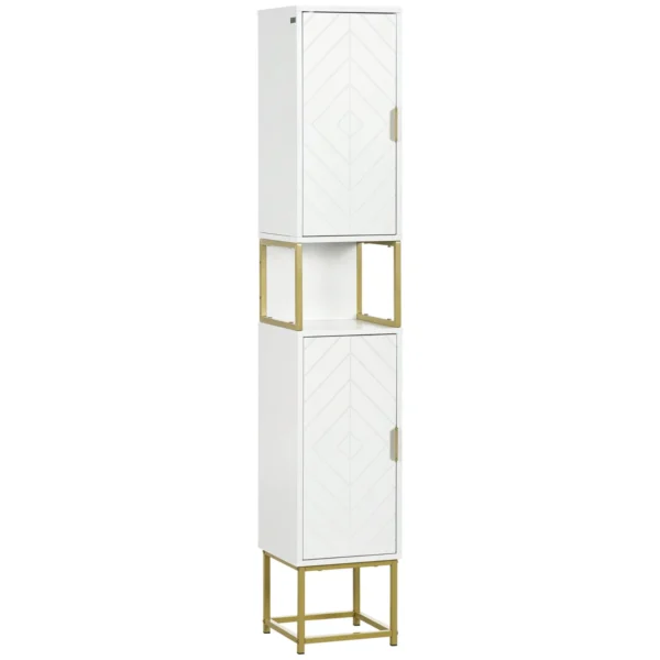 Bathroom Column with 2 Cabinets and Shelf in MDF and Steel, 30x30x170.7cm, White and Gold