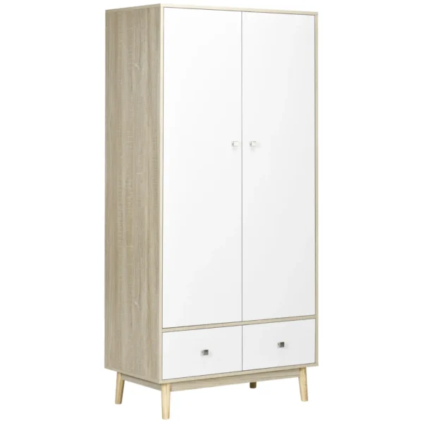 2-Door Wooden Wardrobe with 4 Compartments, 2 Drawers and Hangers, Wood and White Color, 90x50x190cm
