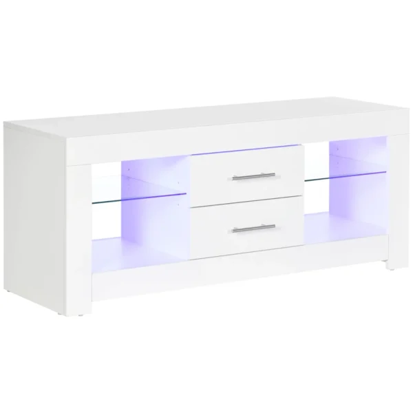 55" TV Stand with 12 Color LED Lights and Remote Control, Wood and Glass 120x40x50cm, White