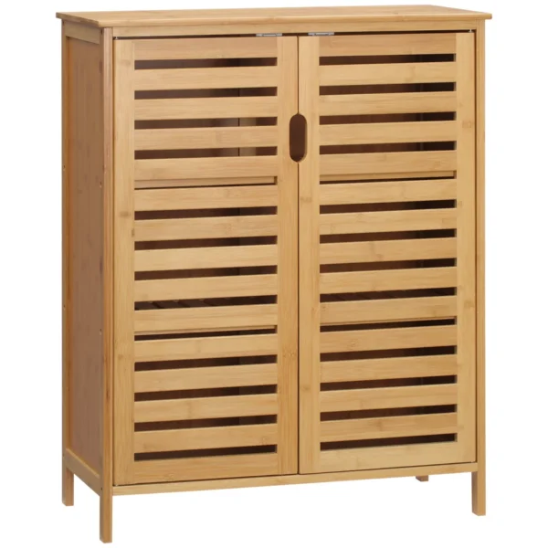 Modern Bathroom Cabinet with 2 Doors and 2 Ventilated Bamboo Shelves, 68x32x86 cm, Wood Color