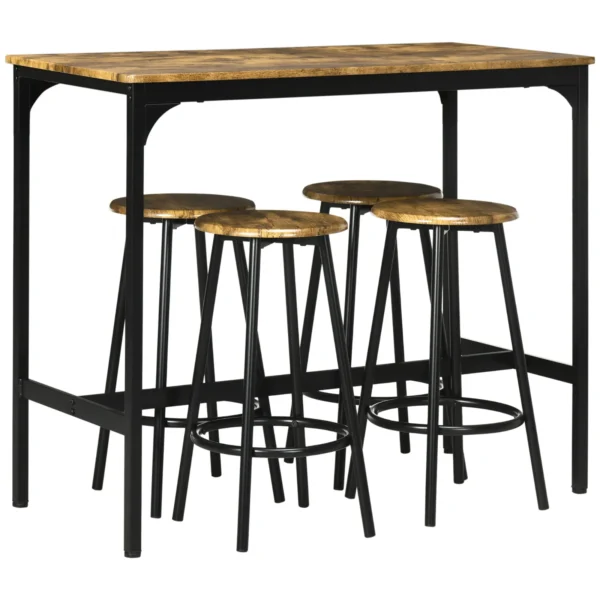 Set of 5 Piece Bar Set with High Table and 4 Industrial Style Stools, Brown and Black