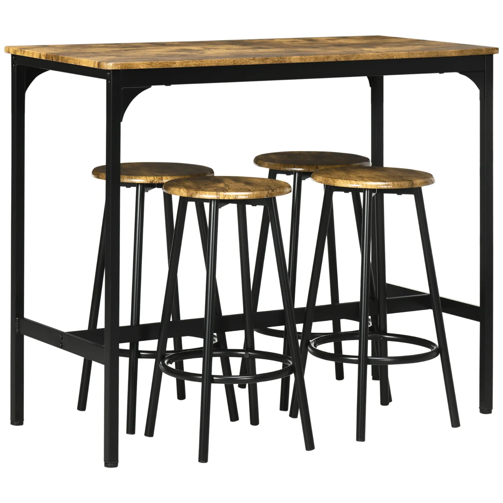 Set of 5 Piece Bar Set with High Table and 4 Industrial Style Stools, Brown and Black