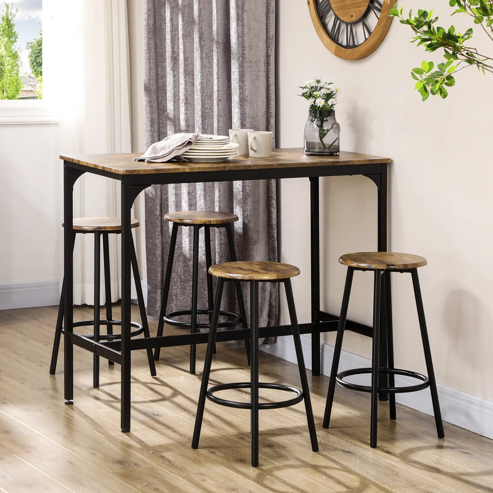 Set of 5 Piece Bar Set with High Table and 4 Industrial Style Stools, Brown and Black - Image 2