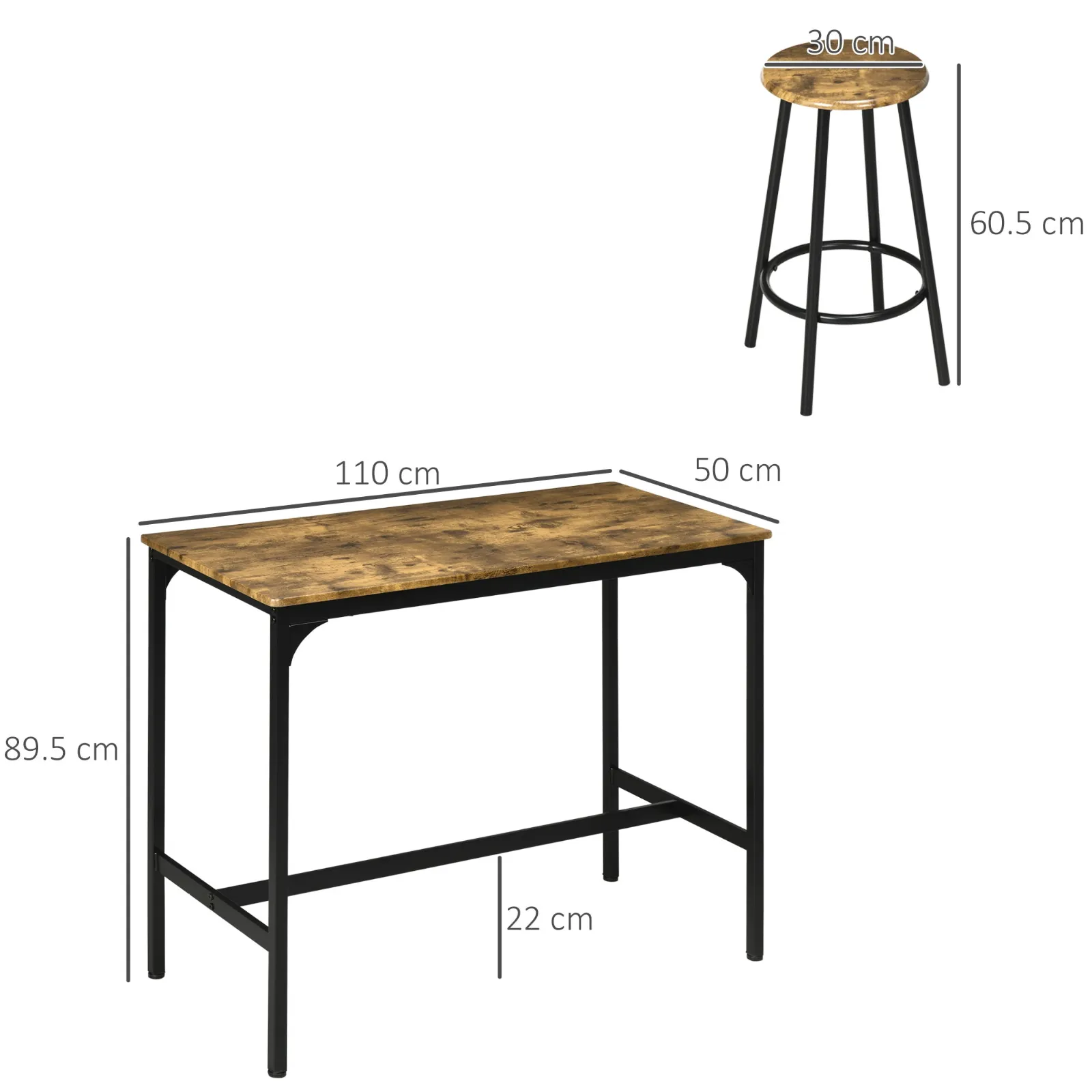 Set of 5 Piece Bar Set with High Table and 4 Industrial Style Stools, Brown and Black - Image 3