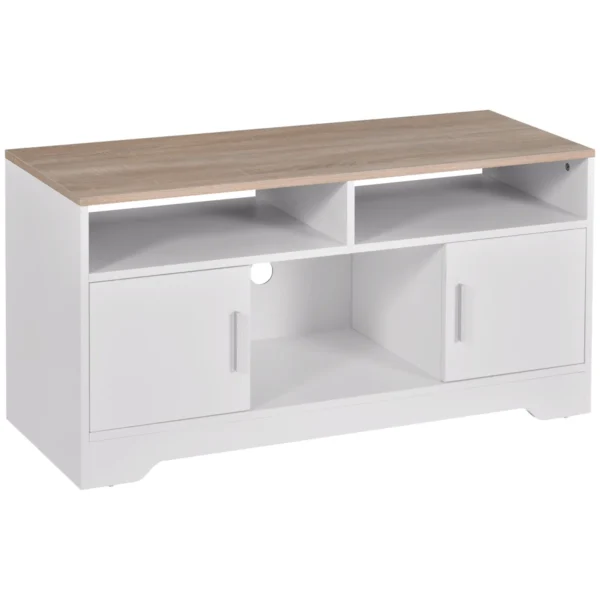TV Cabinet with 3 Open Compartments, 2 Cabinets and Support Top, TV Stand for up to 50", Chipboard, 105x40x52cm, White and Wood