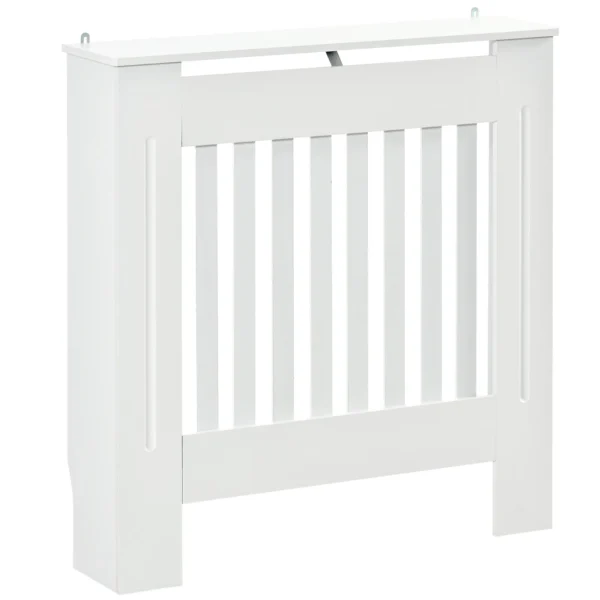 White Wooden Radiator Cover for Radiators and Heaters, with Vertical Slats and Support Surface, 78x19x81cm