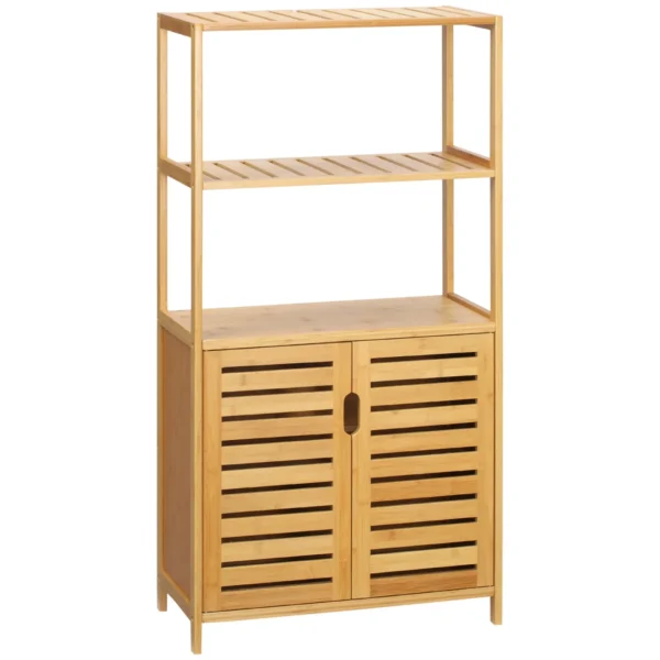 Bathroom Cabinet with 2 Open Shelves and 2 Door Bamboo Cabinet 60x30x120cm
