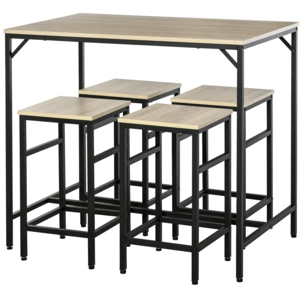Industrial Style High Table Set with 4 Stools in Metal and Wood, Light Oak