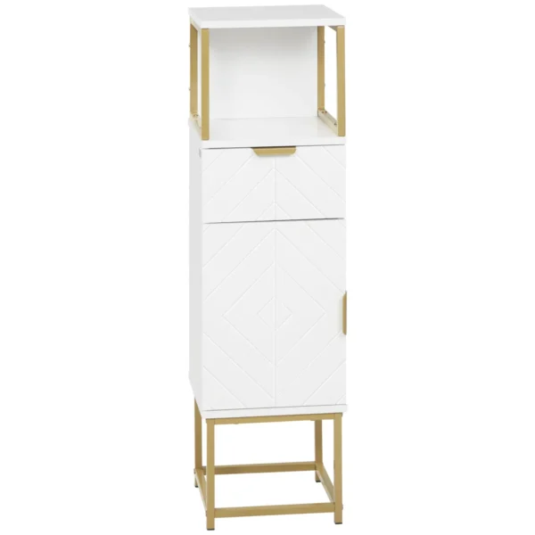 Bathroom Column Cabinet with Drawer, Cabinet and Shelf in Wood and Metal, 30x30x105cm, White
