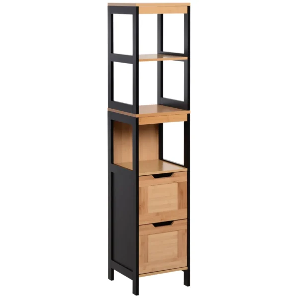 Bathroom Column with 2 Drawers and 3 Open Compartments in MDF Wood and Bamboo 30x30x144.3 cm