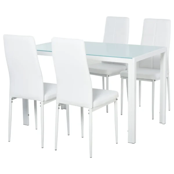 5 Piece Dining Table and 4 Chairs Set for Kitchen or Dining Room in Faux Leather, Metal and Tempered Glass, White