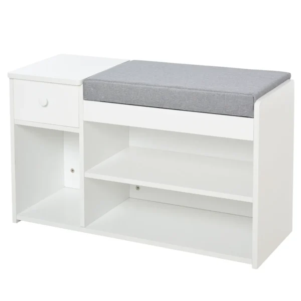 Shoe Bench with Cushion, Drawer and 3 Open Compartments in Wood, 81x31.5x49cm, White