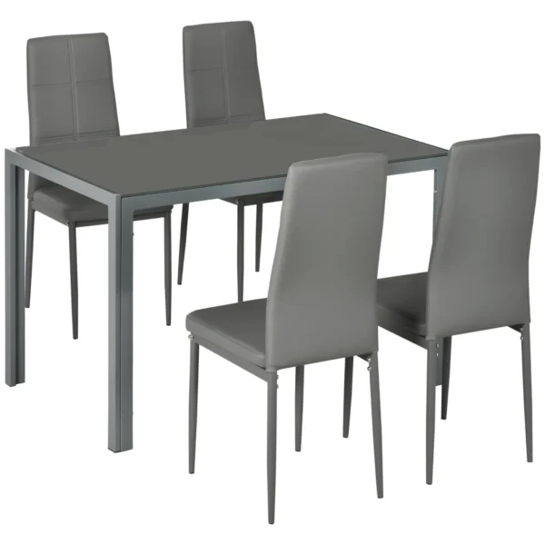5 Piece Dining Set with 1 Dining Table and 4 Chairs Modern in Faux Leather, Metal and Tempered Glass, Grey