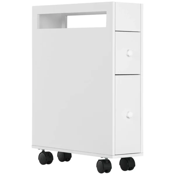 Space Saving Bathroom Cabinet with 4 Wheels, 2 Drawers and Open Shelf, 16x49.5x66cm, White