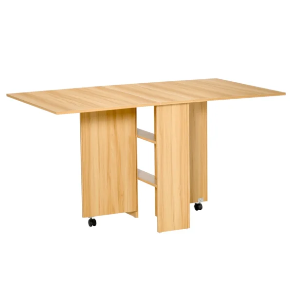 Folding Dining Table, Drop-Leaf Table for 4-6 People, Modern Space-Saving Kitchen Table with 2 Shelves and 2 Wheels, Wooden, 140x80x74 cm, Wood Color