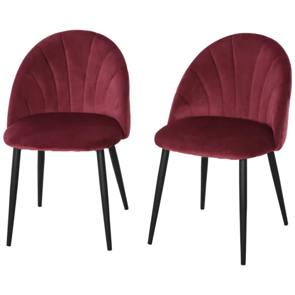 Set of 2 Nordic Ergonomic Dining Chairs, Metal and Velvet Kitchen and Living Room Chairs, Dark Red, 52x54x79 cm