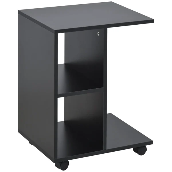 C-Shaped Coffee Table with 2 Open Shelves and 4 Swivel Wheels, 45x35x58 cm, Black