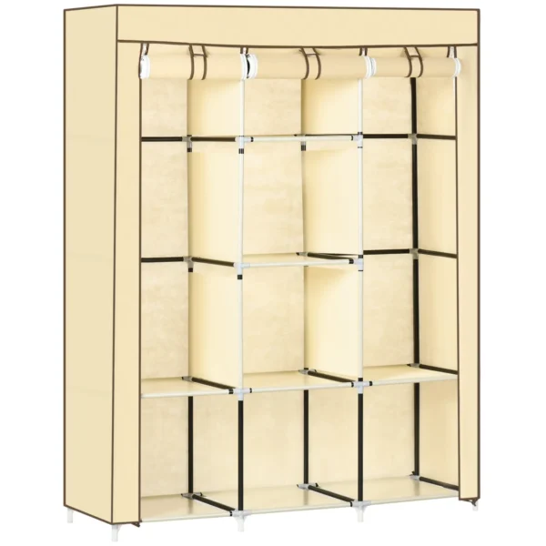 Fabric Wardrobe with 8 Shelves and 2 Rods with Roll Up Door, 125x46x162.5cm, Beige