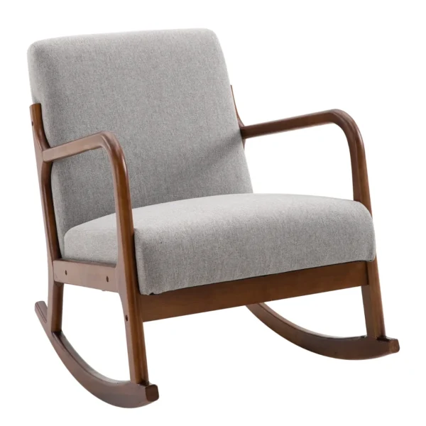 Padded rocking armchair, vintage wooden design and Grey linen, for interiors, office, living room, 64x86x80cm