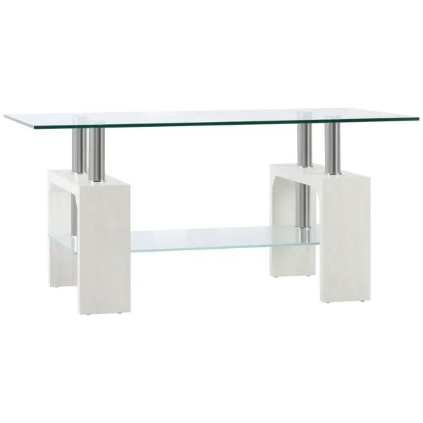 Modern coffee table with 2 levels in glass and wood, 90x50x42cm, white