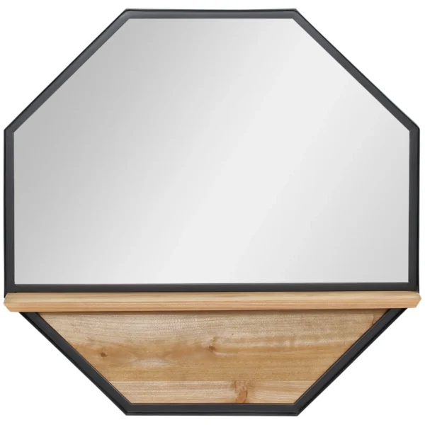 Octagonal Metal Wall Mirror with Wooden Shelf, 61x61cm Black