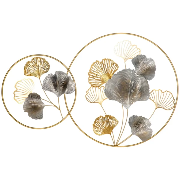 3D Metal Wall Decoration, Golden Wall Art with Ginkgo in Two Round Frames, 102x66.2cm, Gold and Silver