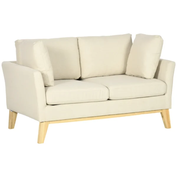 2-Seater Sofa in Eucalyptus Wood and Linen-Effect Fabric with 2 Cushions, 137x78x78 cm, Beige