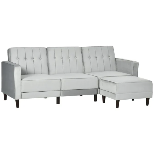 Sofa bed 3 seats with footrest and reclining back, velvet coating and padded seat, 218x85x86 cm, light Grey