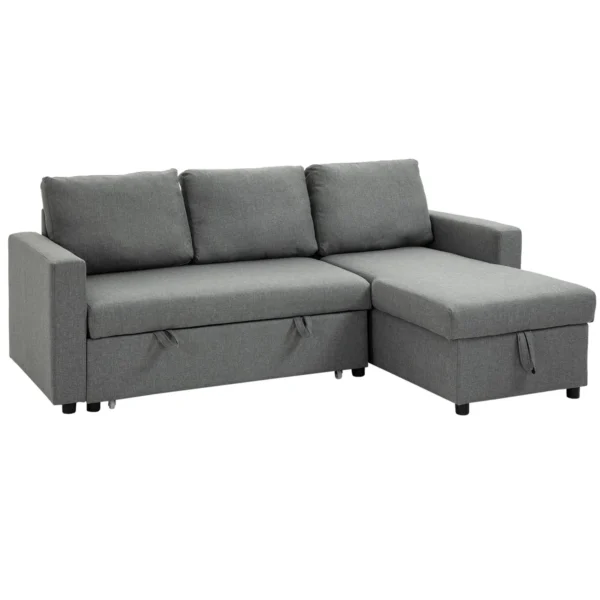 Sofa bed 3 seats and peninsula with container, linen effect fabric covering, 211.5x146x85cm