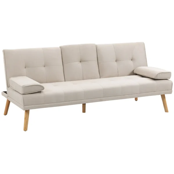 3 Seater Reclining Sofa Bed with Linen Effect Upholstery and Drop-Leaf Table, Beige