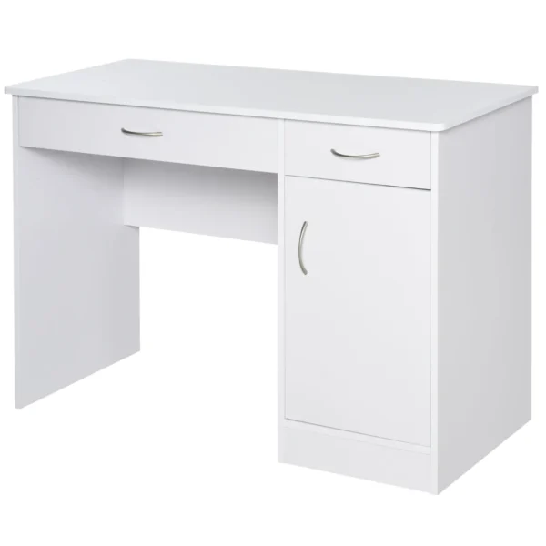 Modern Computer Desk with 2 Drawers and 1 Cabinet, Space-Saving Bookshelf for Office or Bedroom, Wooden, White