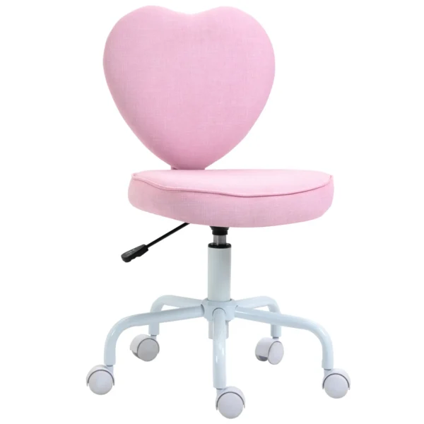 Heart-Shaped Desk Chair with 5 Wheels and Adjustable Height in Pink Fabric, 40x50x79-89cm