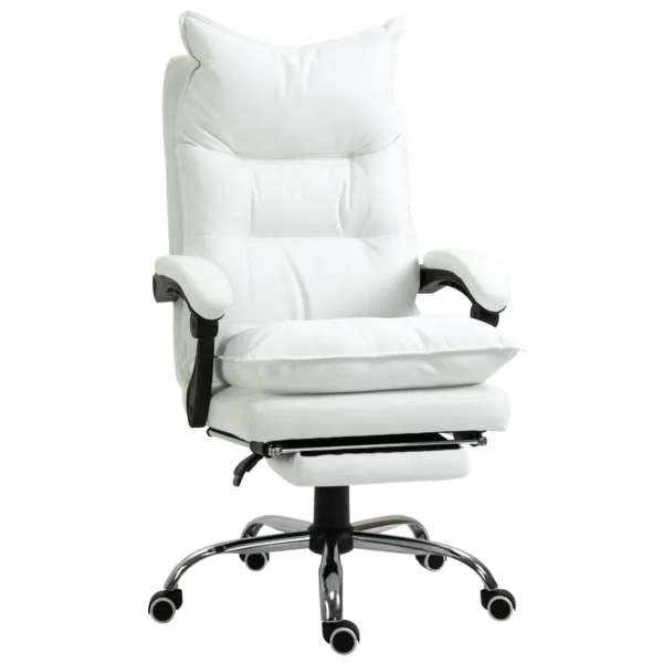 White Faux Leather Office Chair, Adjustable Height with 155° Reclining Backrest and Footrest
