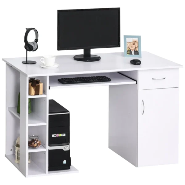 Desk for ergonomic pc with shelves and white removable keyboard plane